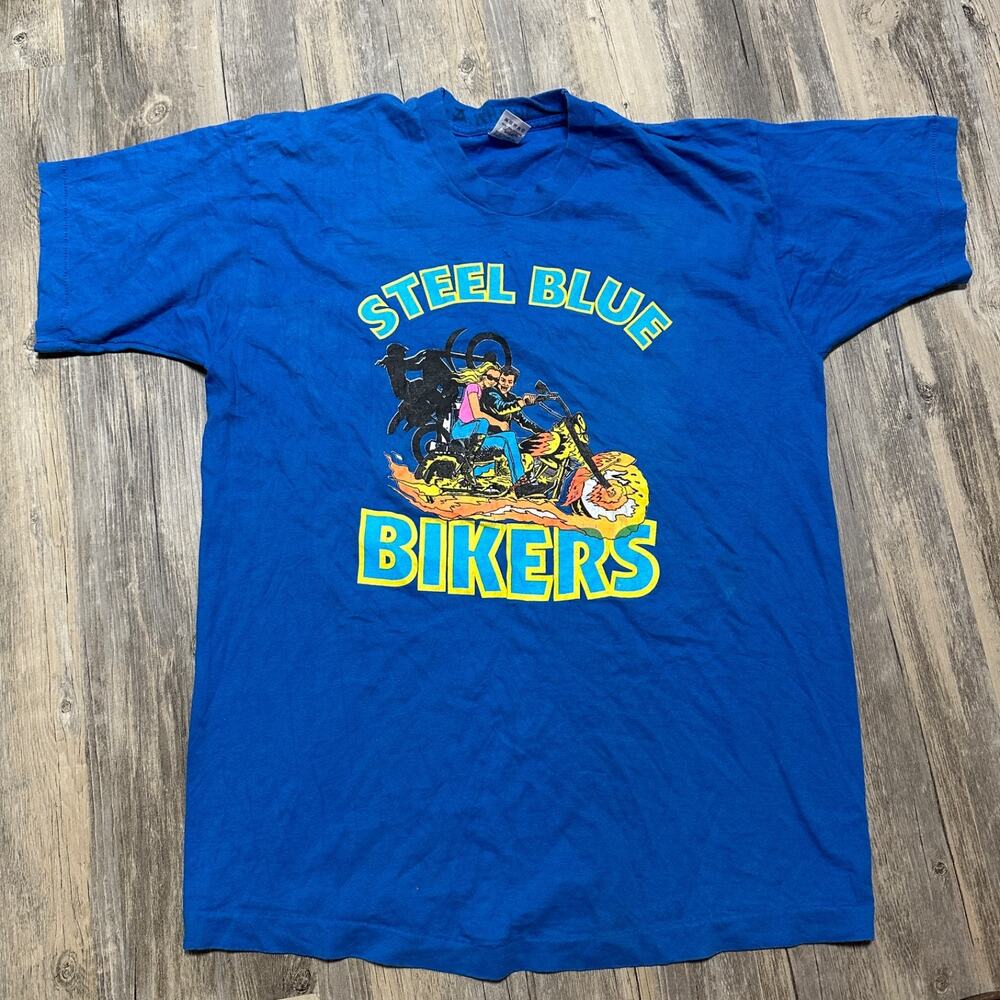 Vtg Summer Camp Steel Blue Bikers Color Wars Shirt Size XL Single Stitch 90s